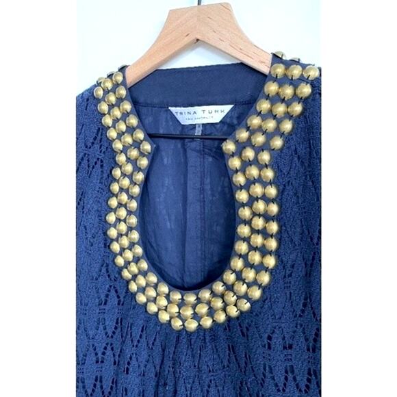 Trina Turk Navy Crochet Mini Dress with Embellished Collar Size 8 - Picture 3 of 8